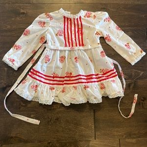Girls White Floral Long-Sleeve Dress with Red Trim